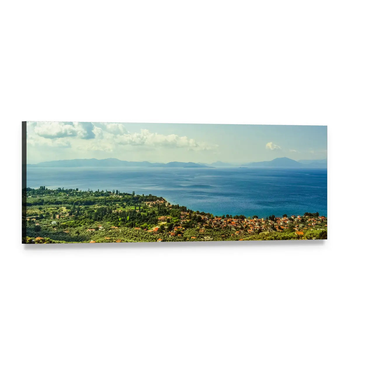 Pelio Pagasitikos Gulf Village View Panoramic Canvas Wall Art, single panel gallery wrapped canvas, angled product view