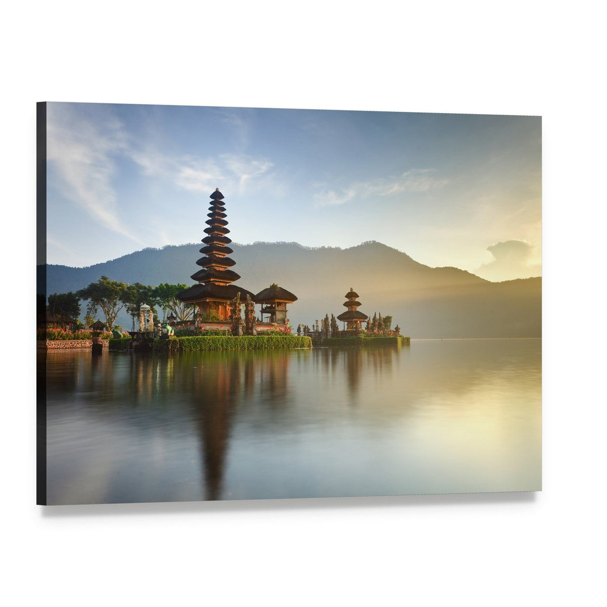 Temple Reflected on Lake Bratan Canvas Wall Art, single panel gallery wrapped canvas, angled product view