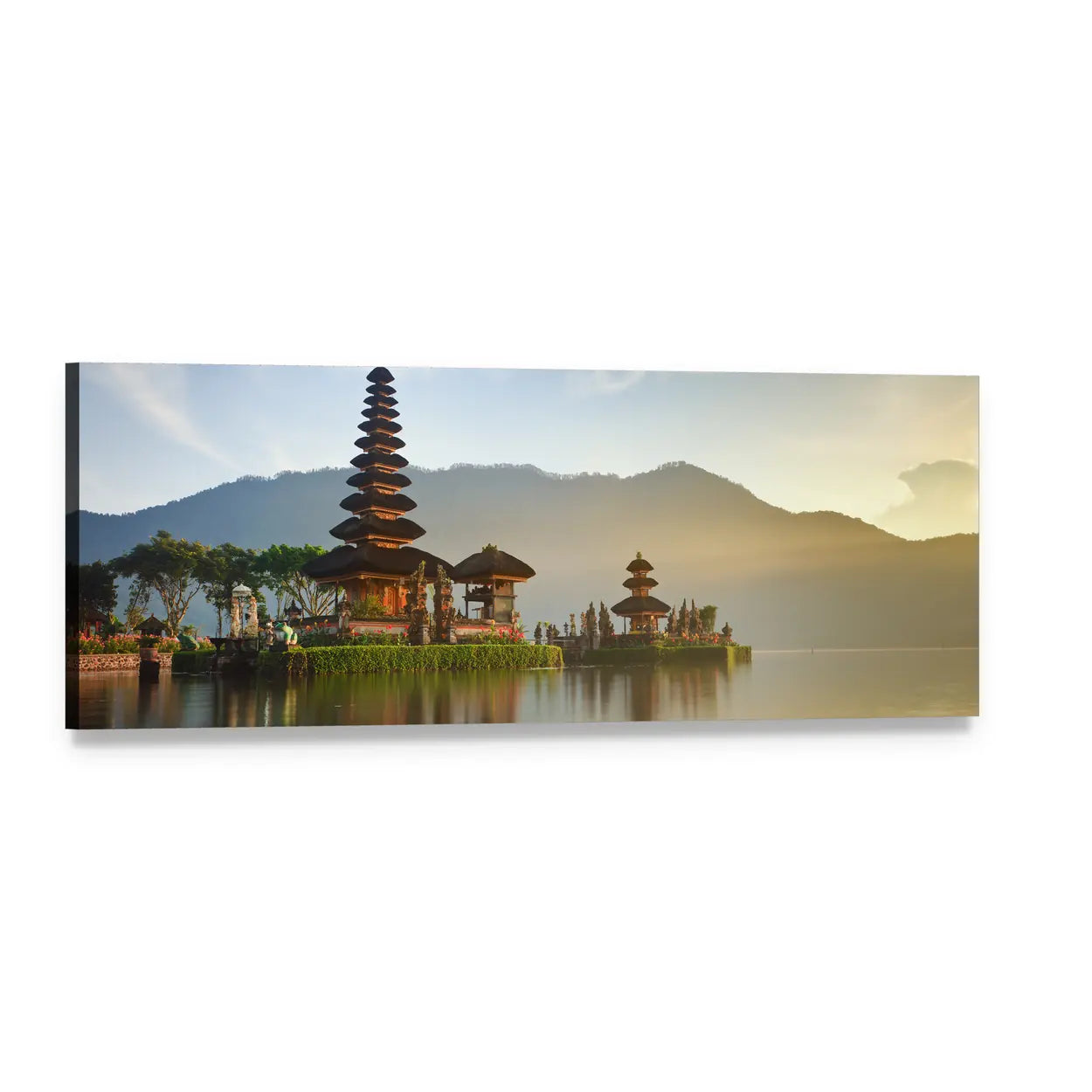 Temple on Lake Bratan Panoramic Canvas Wall Art, single panel gallery wrapped canvas, angled product view
