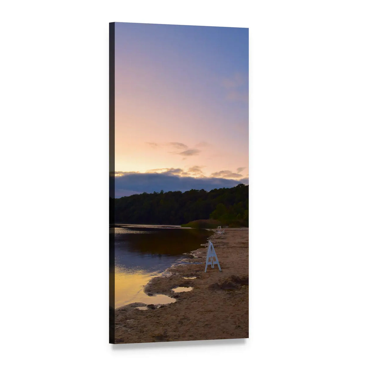 White Lifeguard Stand at Sunset Beach Vertical Canvas Wall Art, 1 panel 1 Vertical layout gallery wrapped canvas set, angled product view