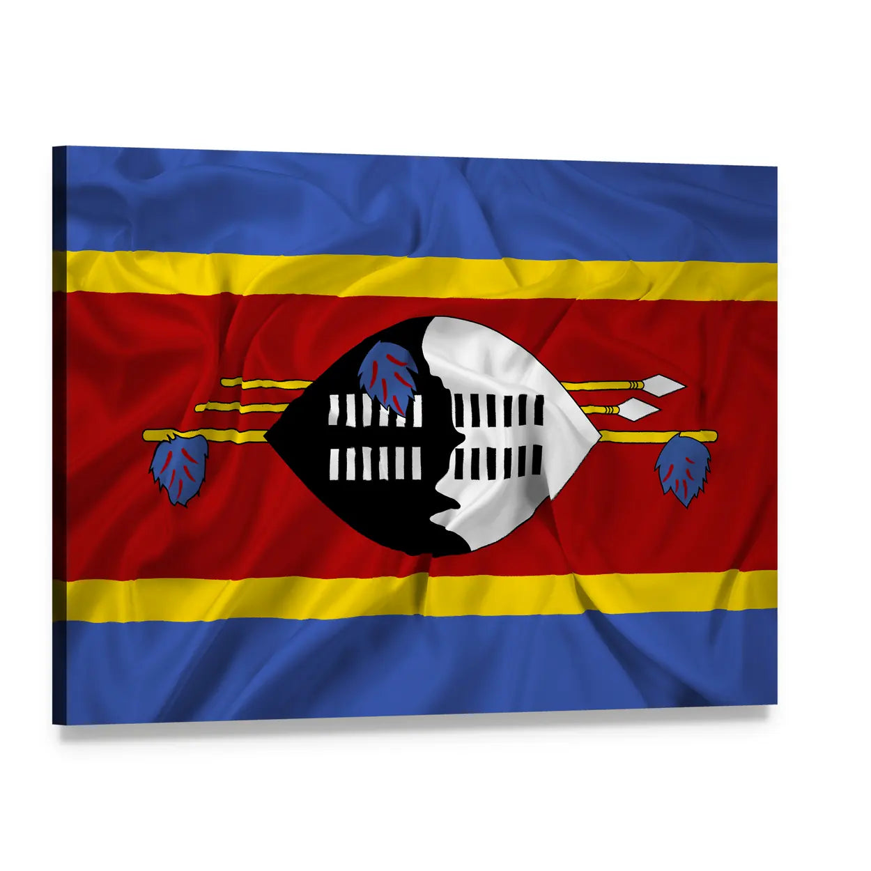Eswatini Flag with Emasotsha Shield and Spears Canvas Wall Art, single panel gallery wrapped canvas, angled product view
