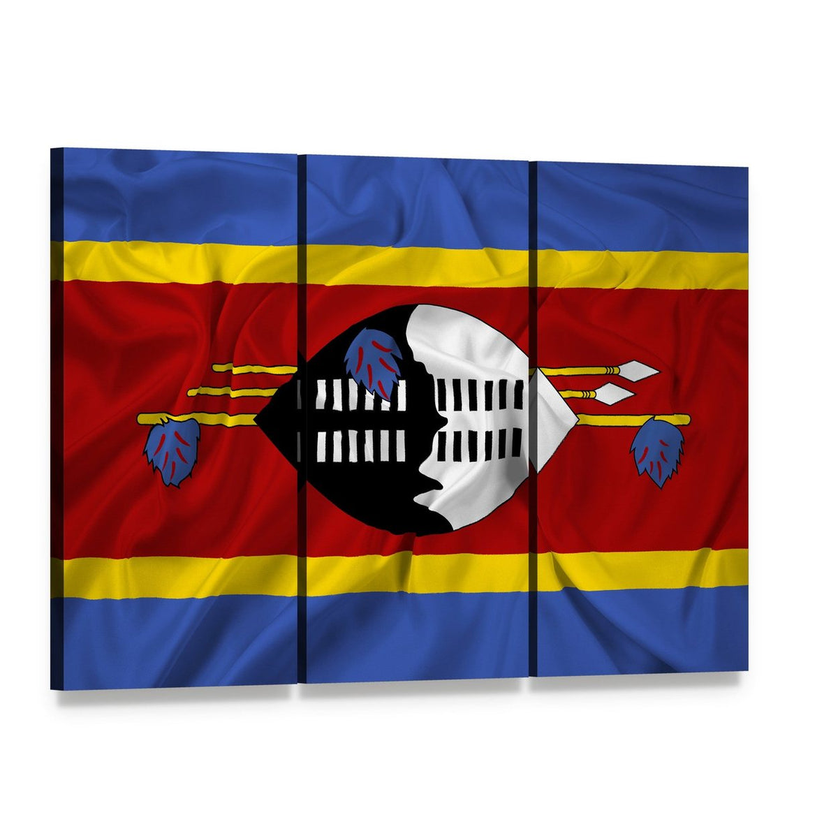 Waving Eswatini Flag Canvas Wall Art, 3 panel 3 Horizontal layout gallery wrapped canvas set, angled product view
