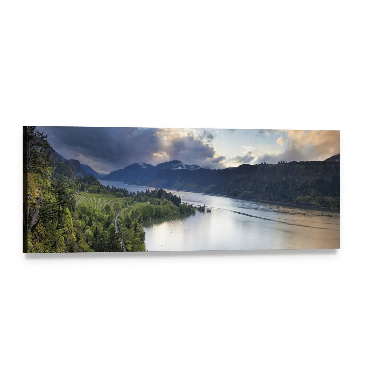 Columbia River Gorge Sunlit Valley Panoramic Canvas Wall Art, single panel gallery wrapped canvas, angled product view
