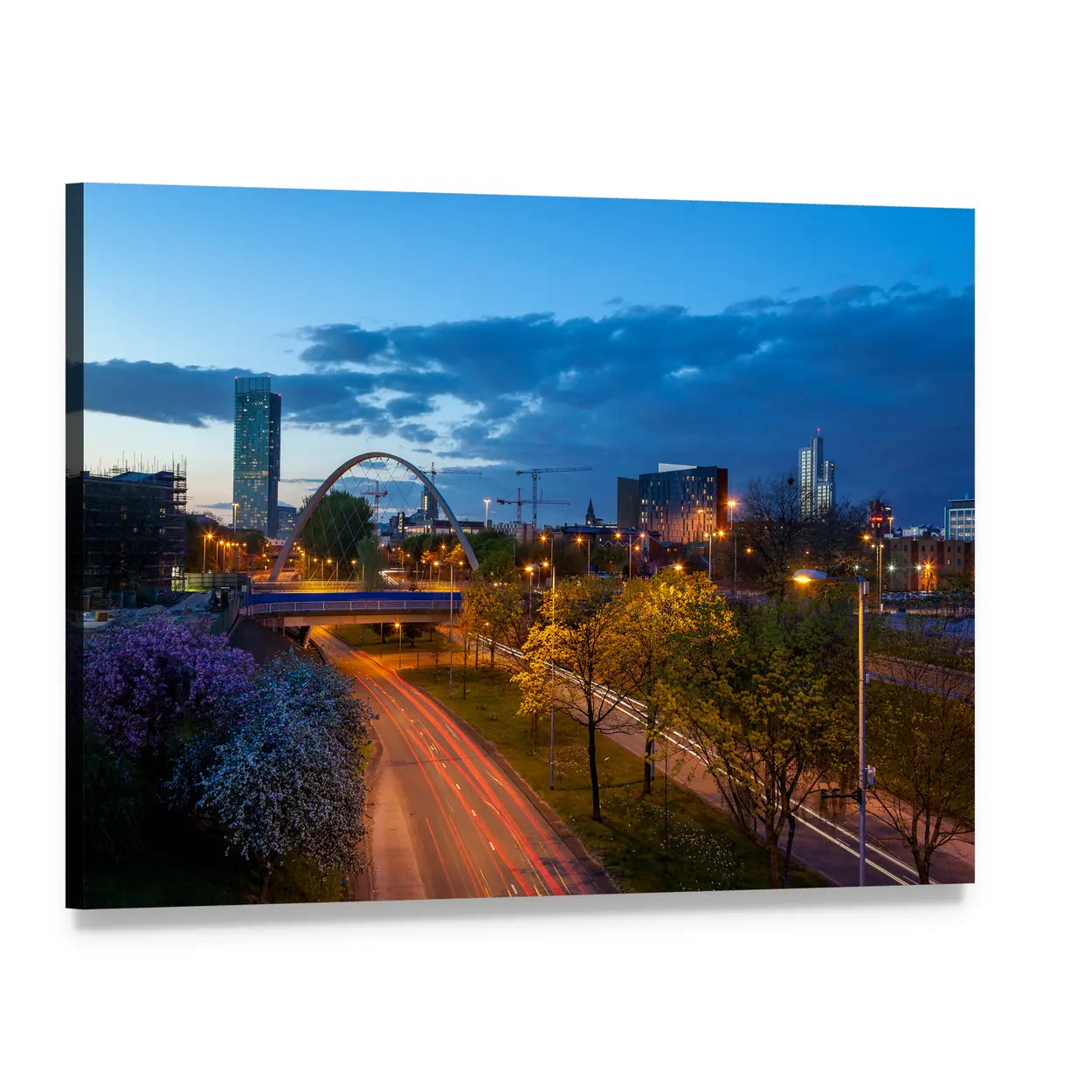 Hulme Arch Bridge Light Trails Canvas Wall Art, single panel gallery wrapped canvas, angled product view