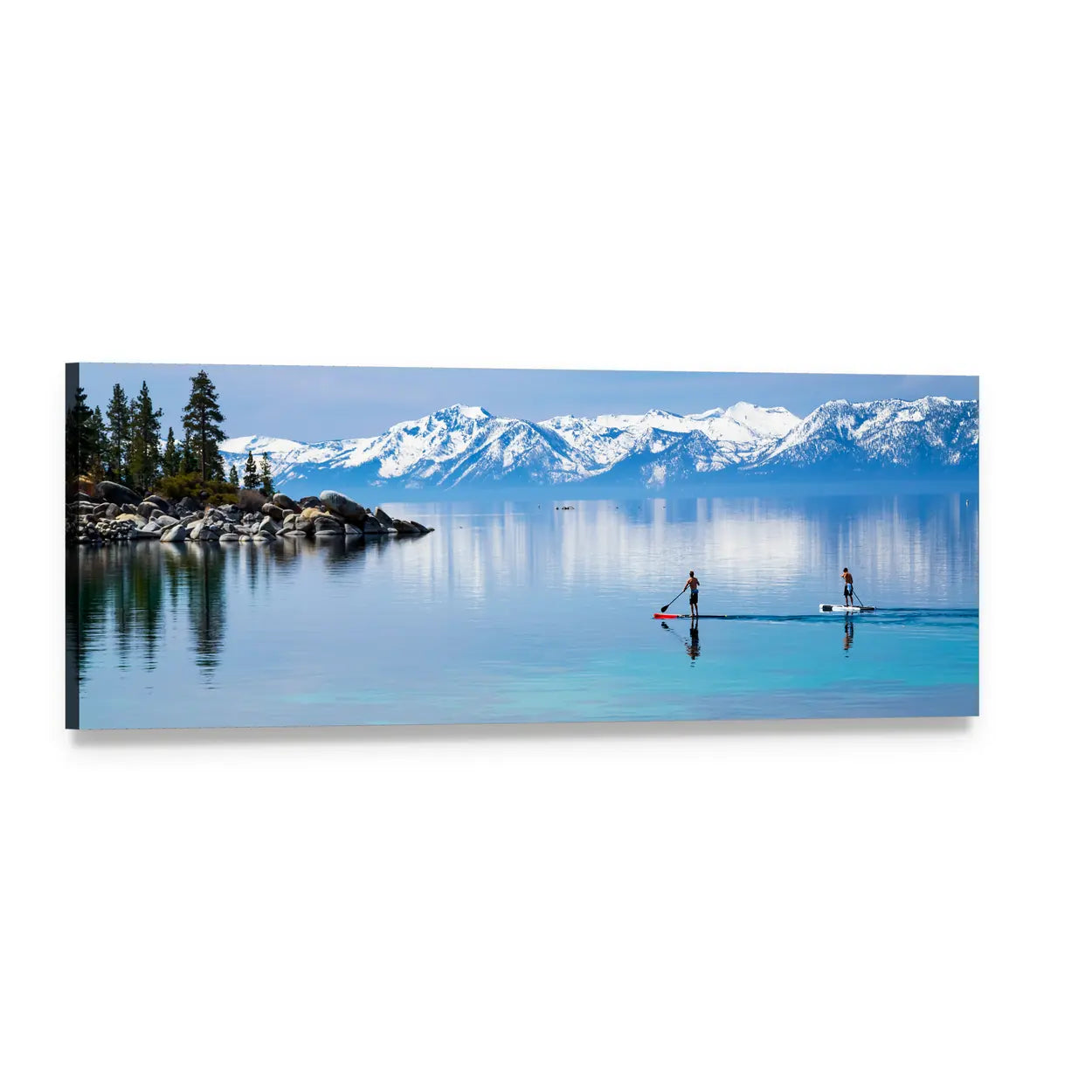 Two Paddleboarders on Mountain Lake Panoramic Canvas Wall Art, single panel gallery wrapped canvas, angled product view