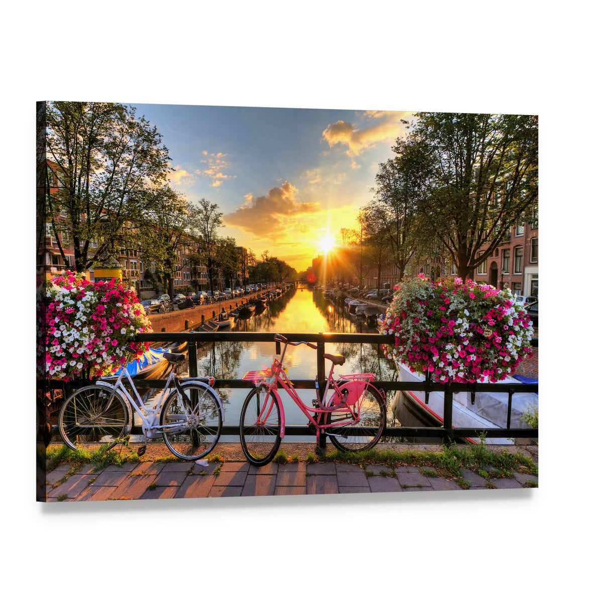 Bicycles and Flowers on Bridge Canvas Wall Art, single panel gallery wrapped canvas, angled product view