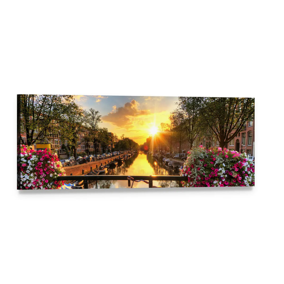 Flowers and Bicycles on Bridge Panoramic Canvas Wall Art, single panel gallery wrapped canvas, angled product view