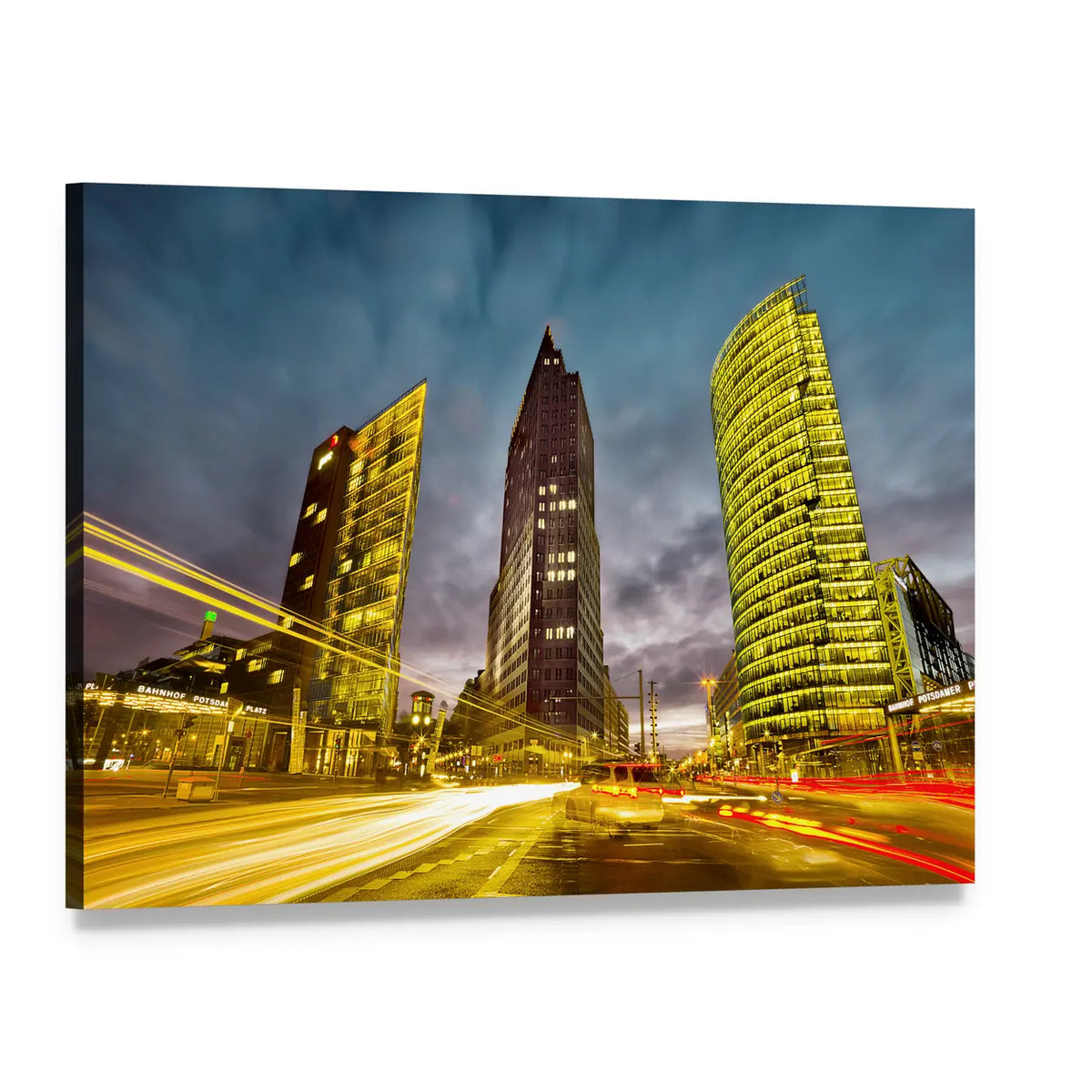 Potsdamer Platz Night Light Trails Canvas Wall Art, single panel gallery wrapped canvas, angled product view