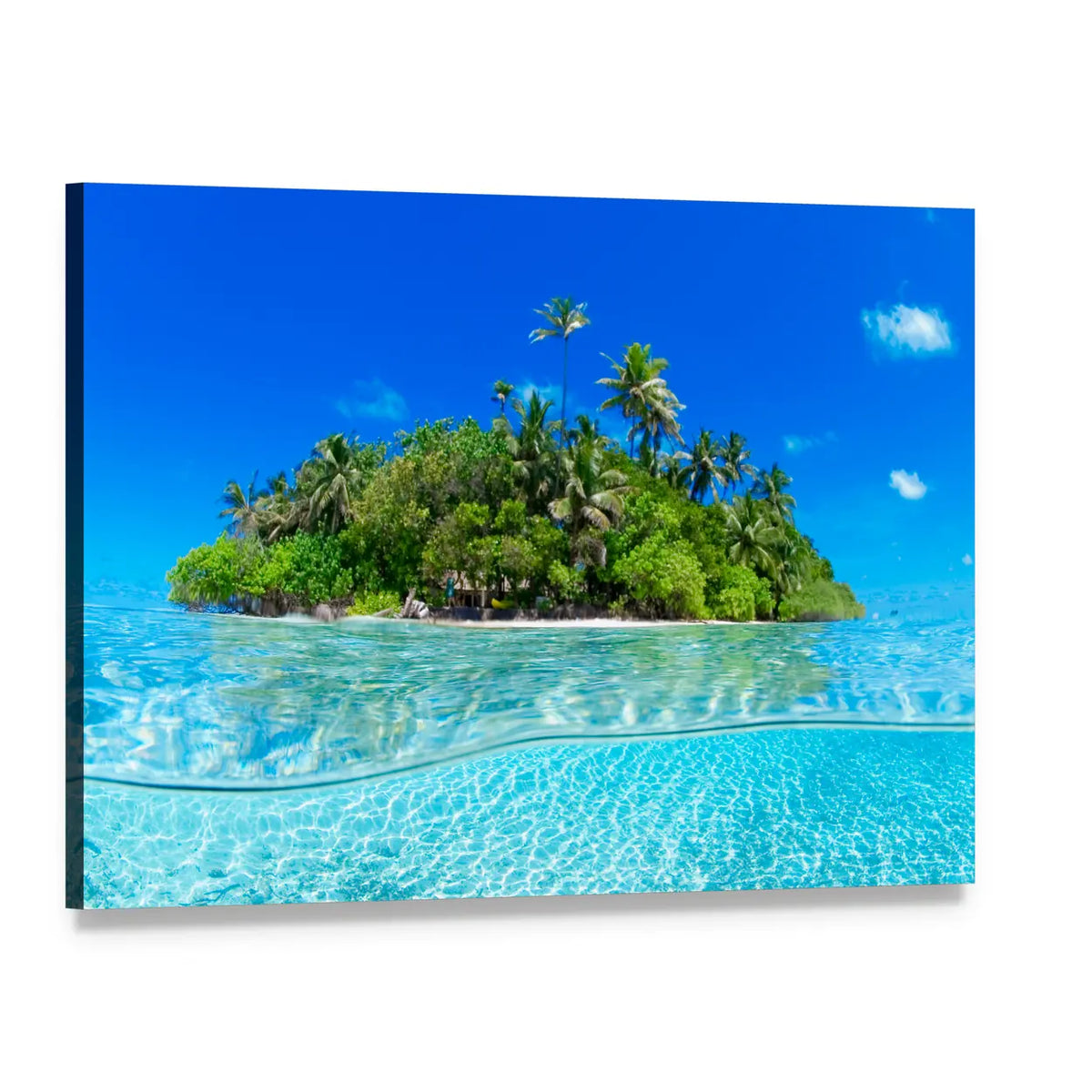 Split-level Tropical Island Canvas Wall Art, single panel gallery wrapped canvas, angled product view