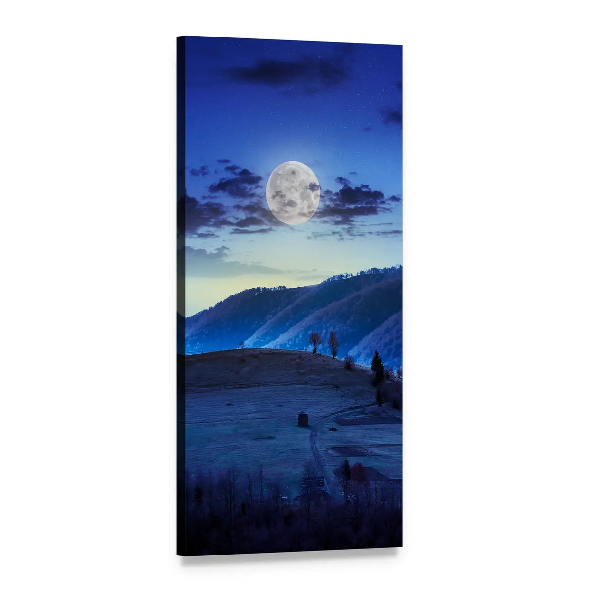 Moonlit Mountains with Lone Cabin Vertical Canvas Wall Art, 1 panel 1 Vertical layout gallery wrapped canvas set, angled product view
