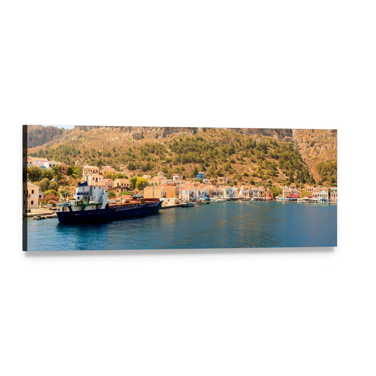 Greek Coastal Harbor with Cargo Ship Panoramic Canvas Wall Art, single panel gallery wrapped canvas, angled product view