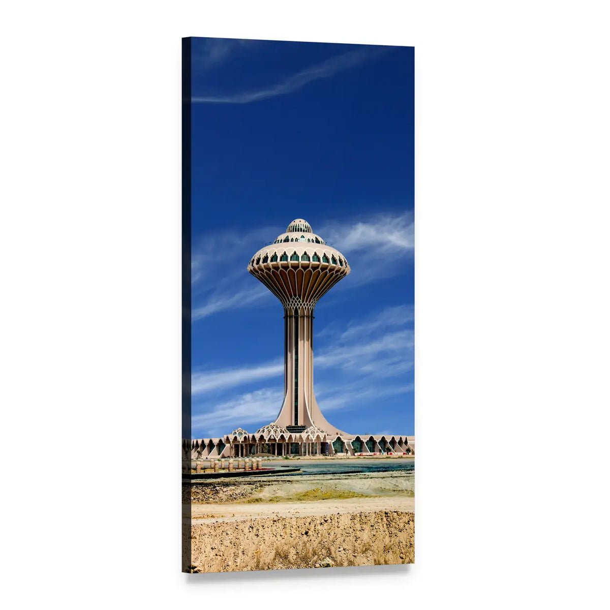 Geometric Water Tower Under Bright Blue Sky Vertical Canvas Wall Art, 1 panel 1 Vertical layout gallery wrapped canvas set, angled product view