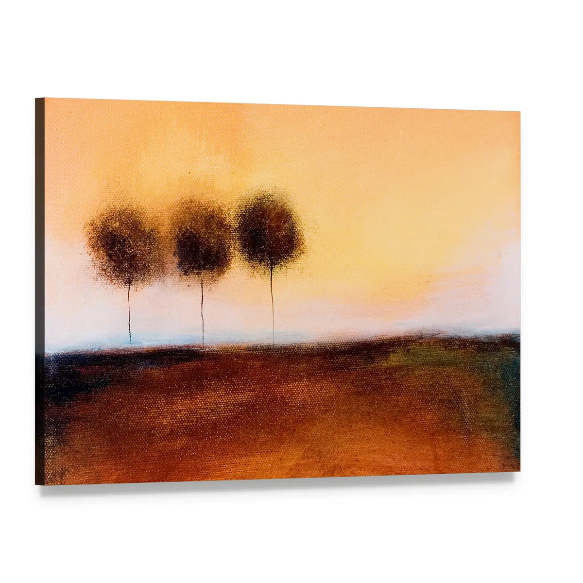 Abstract Three Trees in Autumn Field Canvas Wall Art, single panel gallery wrapped canvas, angled product view