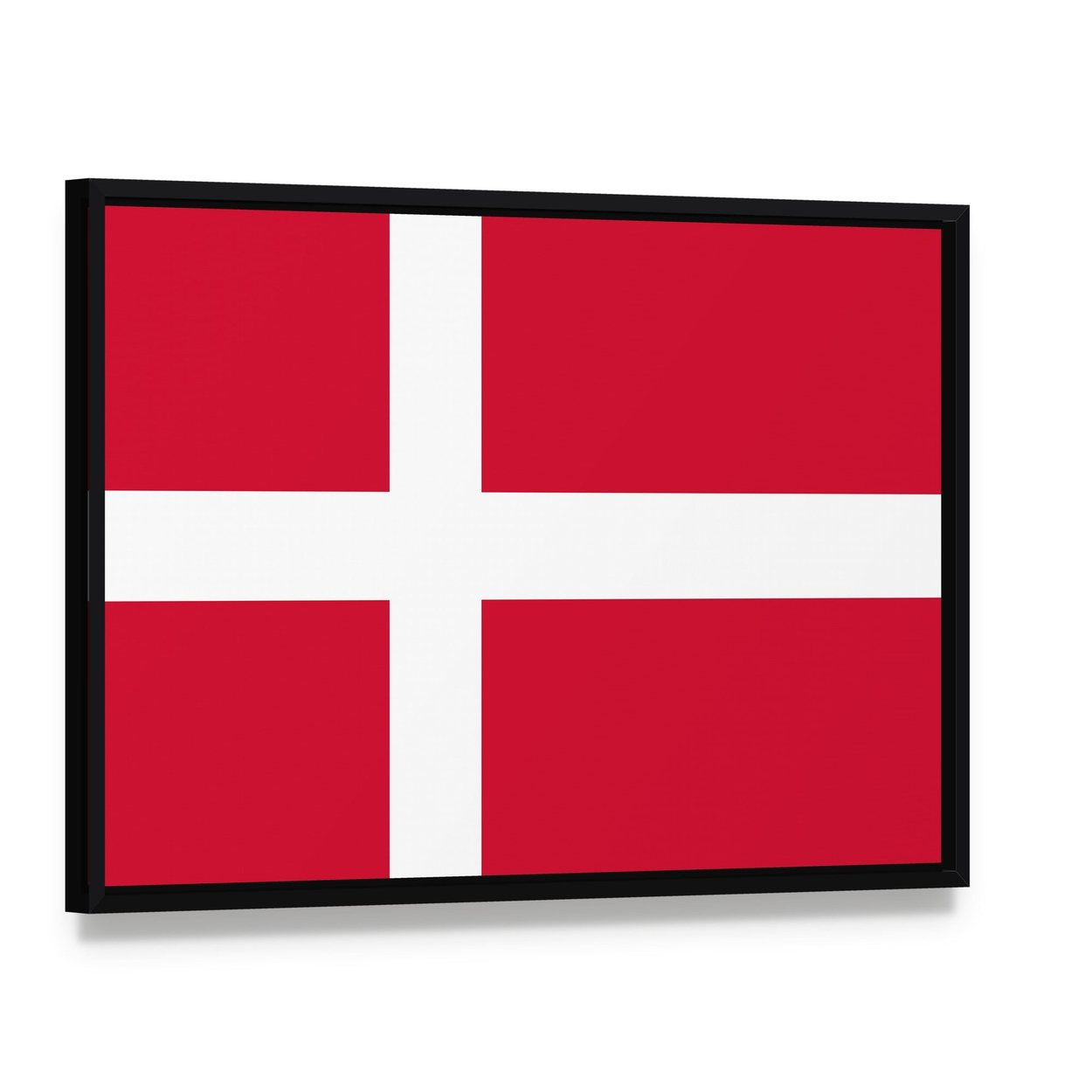 Danish Flag Canvas Wall Art, framed canvas in a black floater frame, angled product view