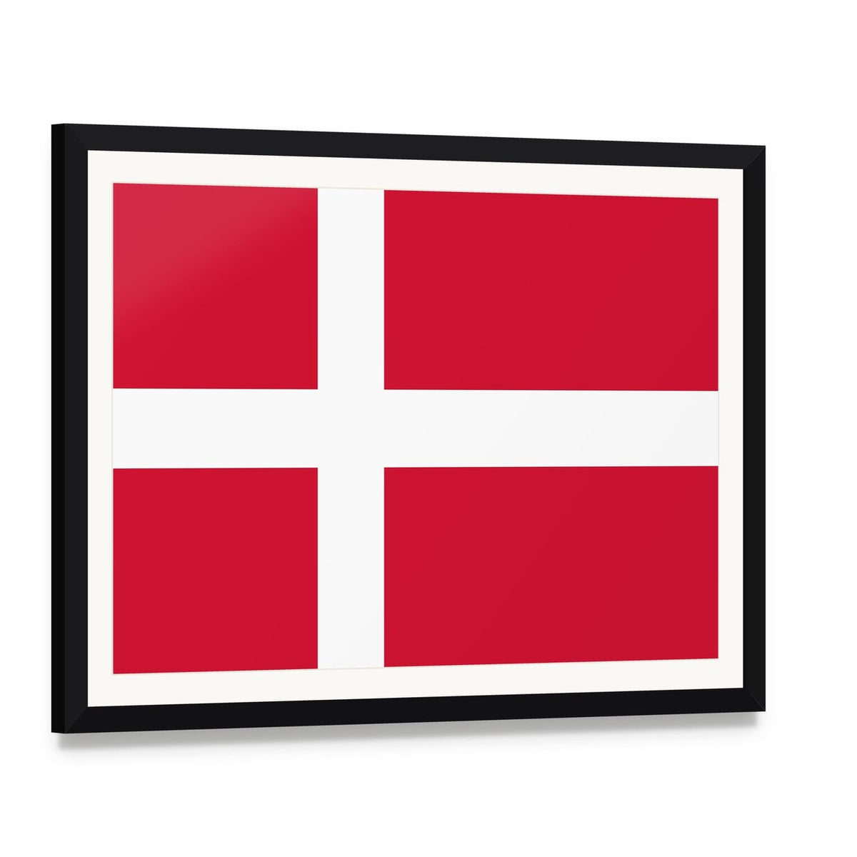 Danish Flag Canvas Wall Art, framed print with white mat and black frame, angled product view