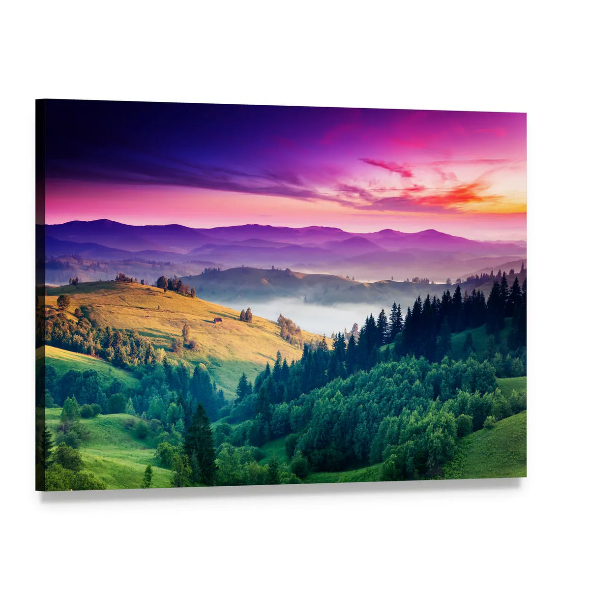Morning Mist Over Rolling Mountains Canvas Wall Art, single panel gallery wrapped canvas, angled product view
