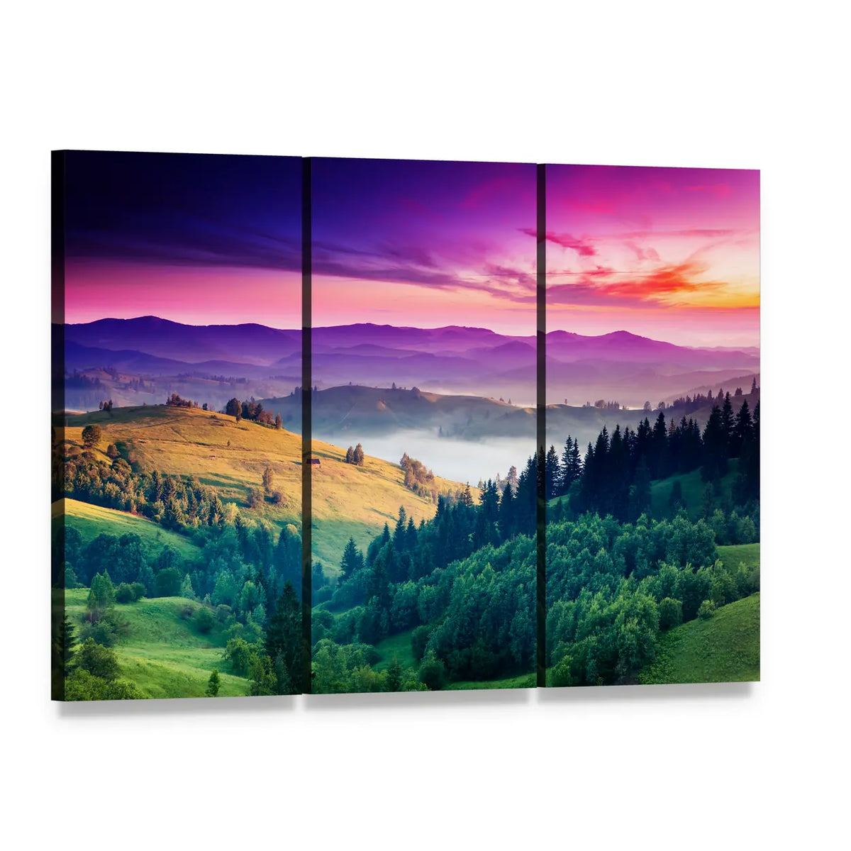 Morning Mist Over Rolling Mountains Canvas Wall Art, 3 panel 3 Horizontal layout gallery wrapped canvas set, angled product view