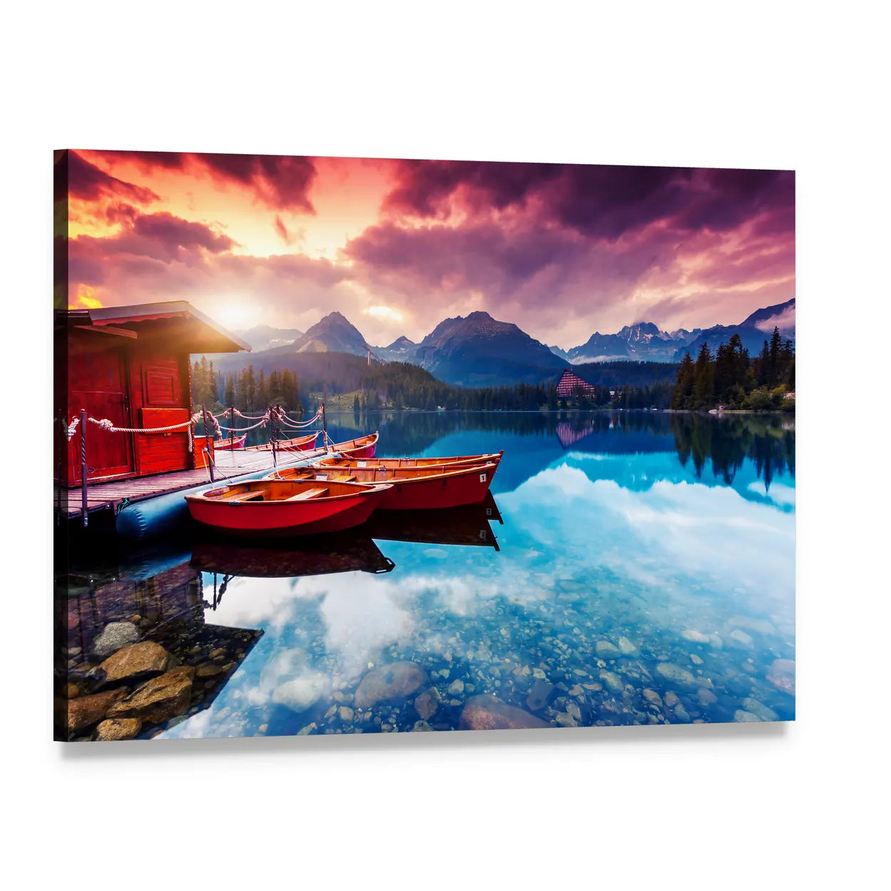 Sunset Mountain Lake with Red Rowboats Canvas Wall Art, single panel gallery wrapped canvas, angled product view