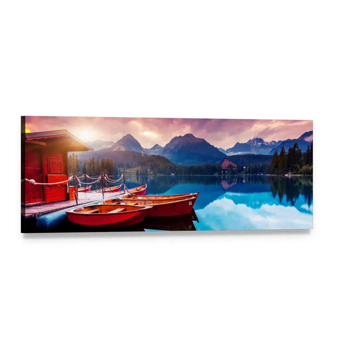 Peaceful Mountain Lake with Red Rowboats Panoramic Canvas Wall Art, single panel gallery wrapped canvas, angled product view