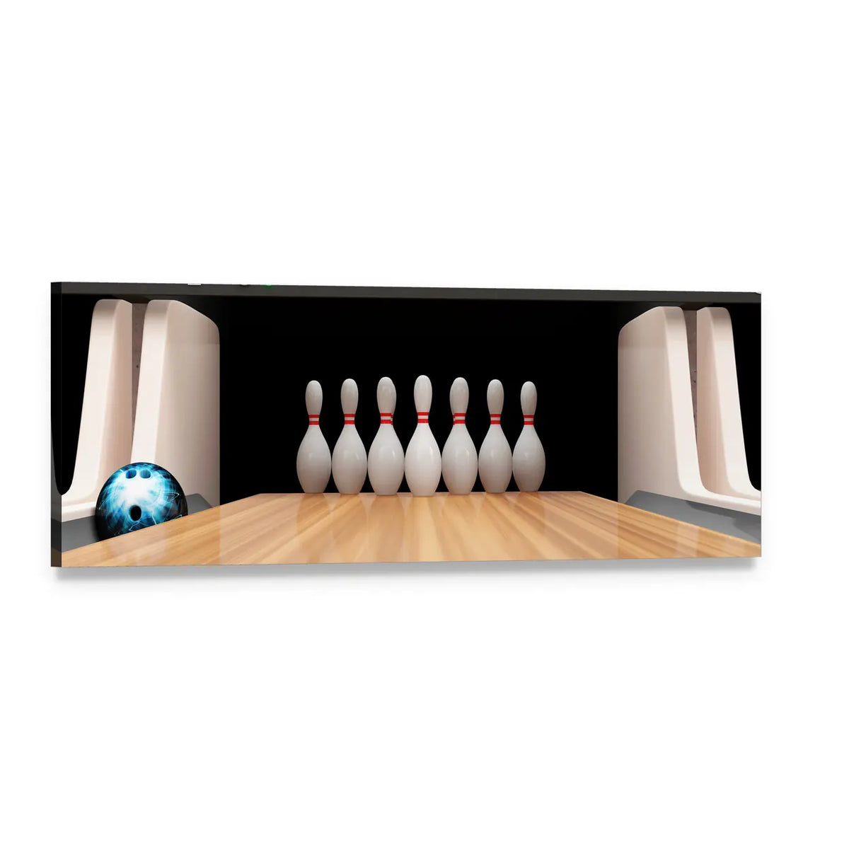 Bowling Pins on Wooden Lane Panoramic Canvas Wall Art, single panel gallery wrapped canvas, angled product view