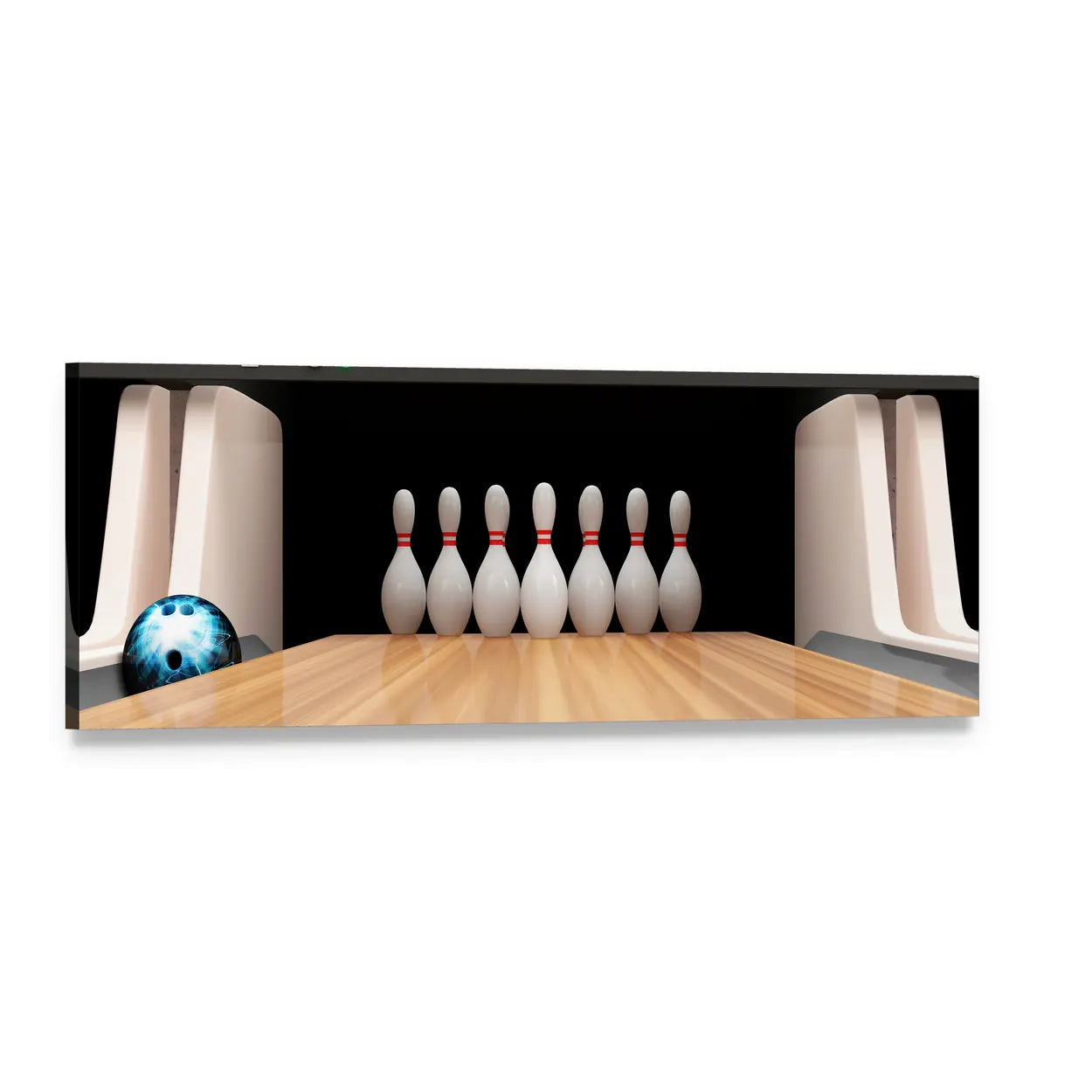Bowling Pins on Wooden Lane Panoramic Canvas Wall Art, single panel gallery wrapped canvas, angled product view