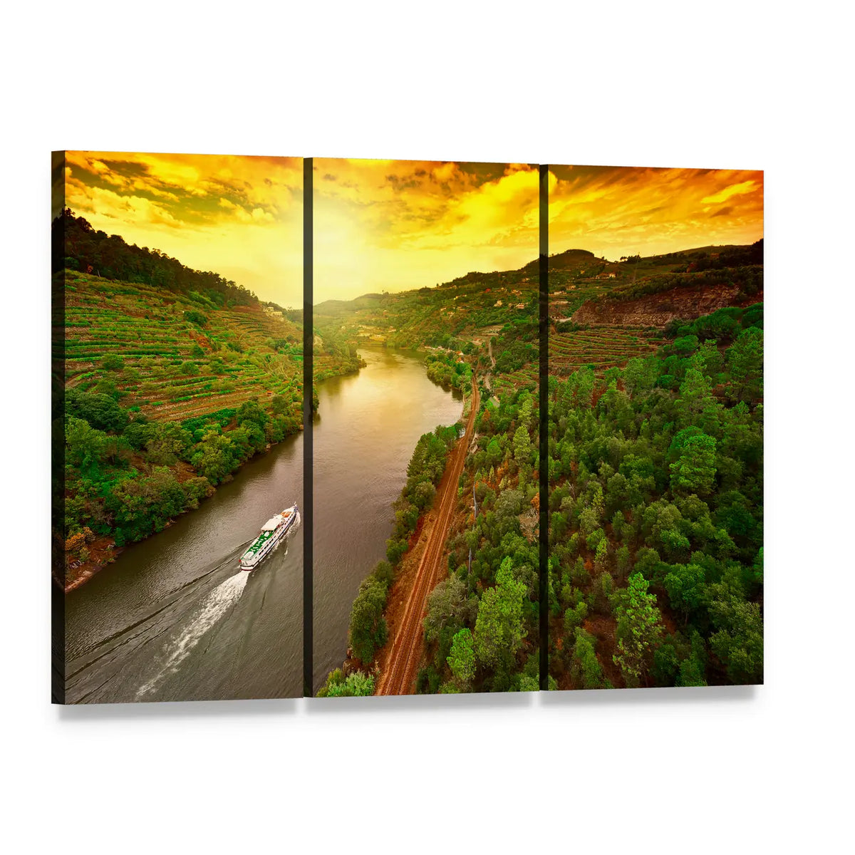 Douro Valley Vineyards at Sunset Canvas Wall Art, 3 panel 3 Horizontal layout gallery wrapped canvas set, angled product view