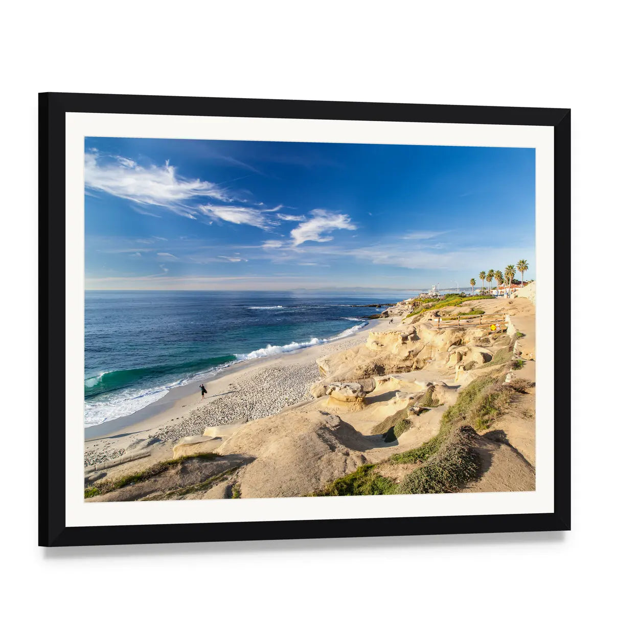 La Jolla Cove Beach California Canvas Wall Art, framed print with white mat and black frame, angled product view