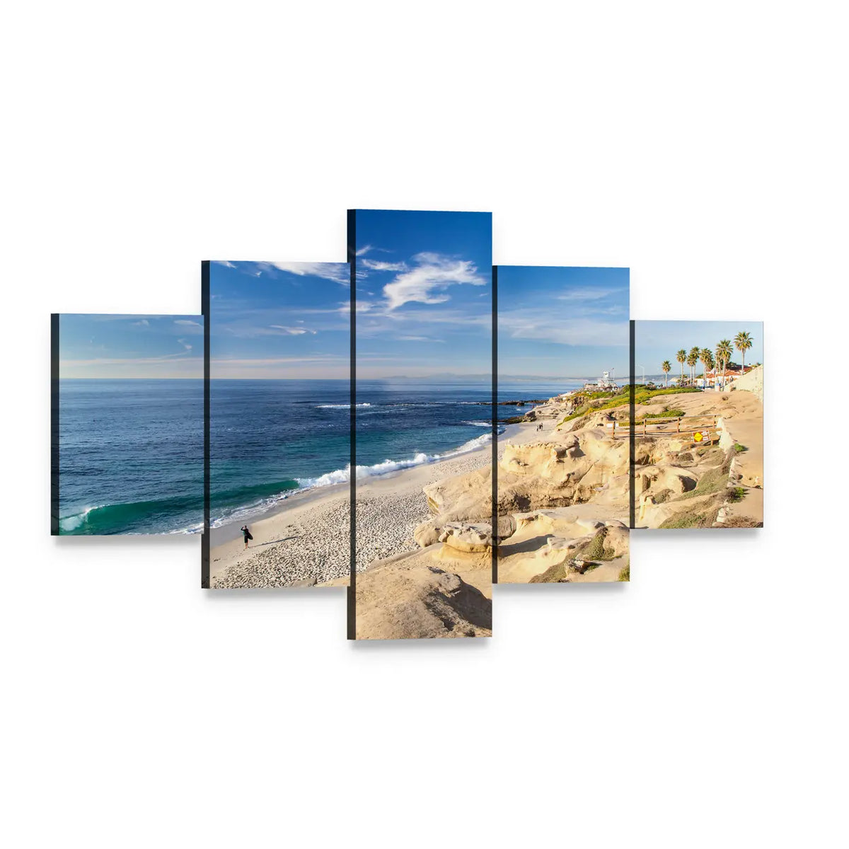 La Jolla Cove Beach California Canvas Wall Art, 5 panel 5 Star layout gallery wrapped canvas set, angled product view