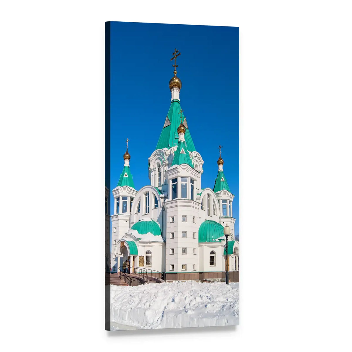 Russian Orthodox Cathedral with Five Green Domes Vertical Canvas Wall Art, 1 panel 1 Vertical layout gallery wrapped canvas set, angled product view