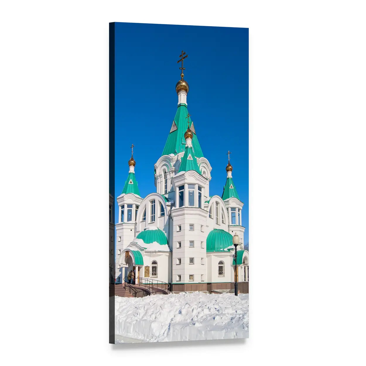 Russian Orthodox Cathedral with Five Green Domes Vertical Canvas Wall Art, 1 panel 1 Vertical layout gallery wrapped canvas set, angled product view