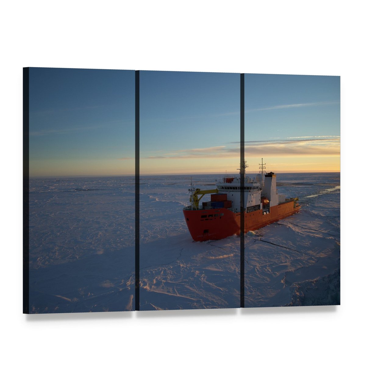 Icebreaker in Antarctic Canvas Wall Art, 3 panel 3 Horizontal layout gallery wrapped canvas set, angled product view