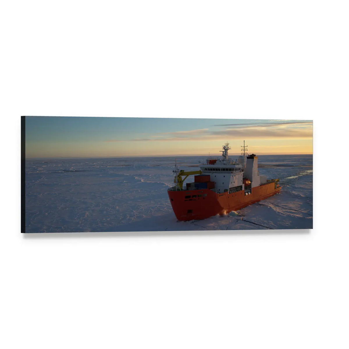 Red Icebreaker Through Antarctic Ice Panoramic Canvas Wall Art, single panel gallery wrapped canvas, angled product view
