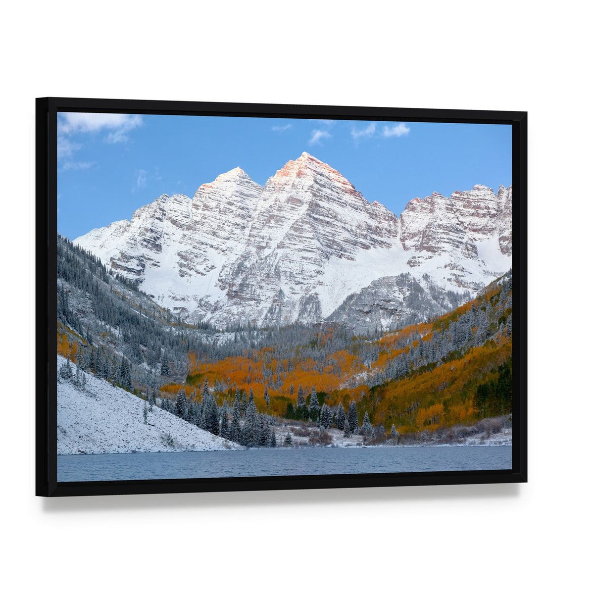 Snowy Maroon Bells Mountains at Daytime Canvas Wall Art, framed canvas in a black floater frame, angled product view
