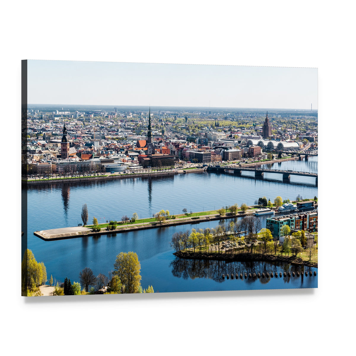 Riga Skyline with River Reflections Canvas Wall Art, single panel gallery wrapped canvas, angled product view