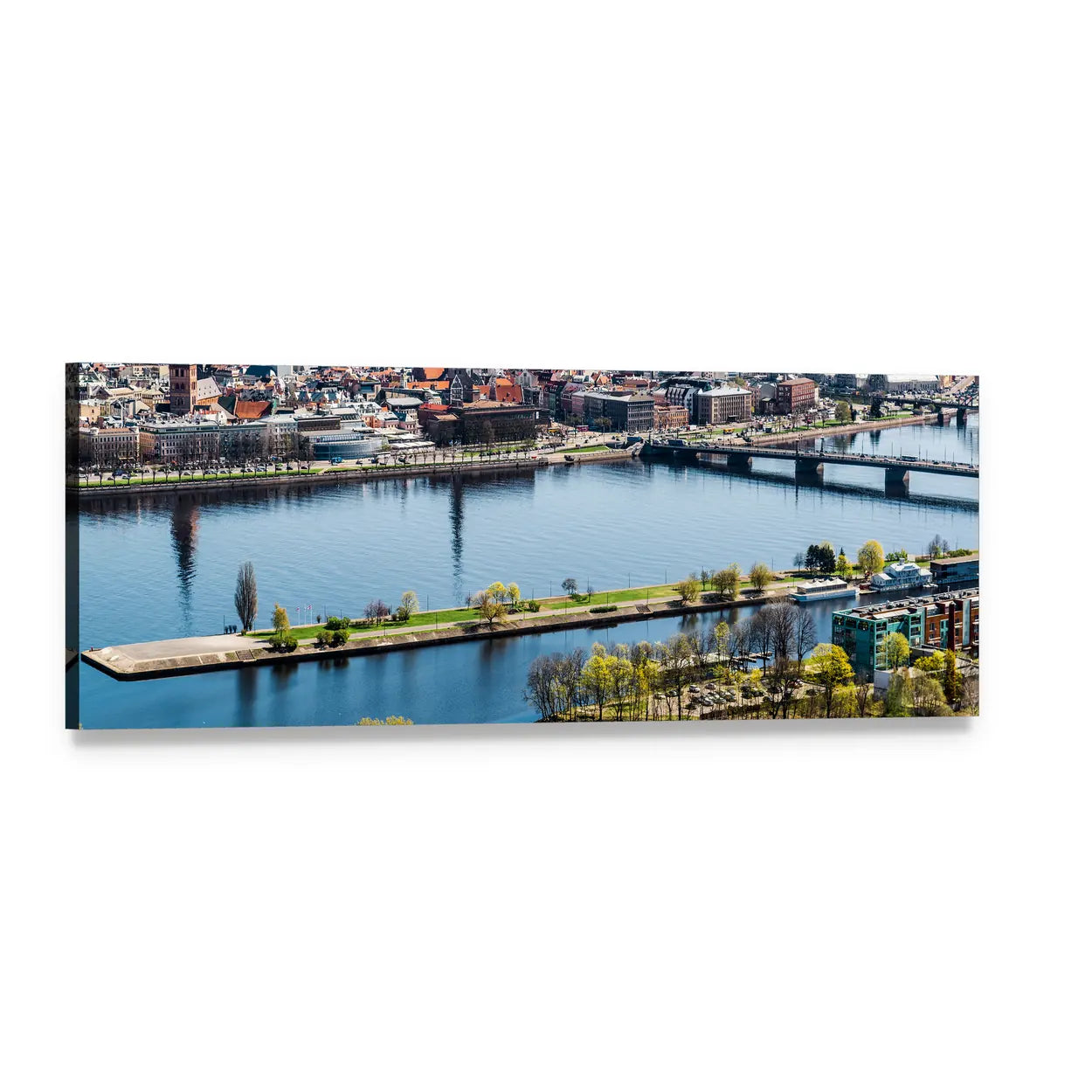 Riga Riverfront View Panoramic Canvas Wall Art, single panel gallery wrapped canvas, angled product view