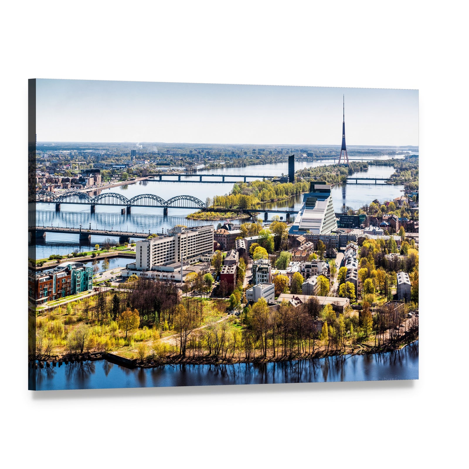 Riga Aerial Cityscape with River and Bridges Canvas Wall Art, single panel gallery wrapped canvas, angled product view