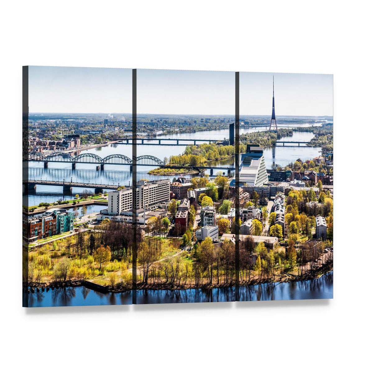 Riga Aerial Cityscape with River and Bridges Canvas Wall Art, 3 panel 3 Horizontal layout gallery wrapped canvas set, angled product view