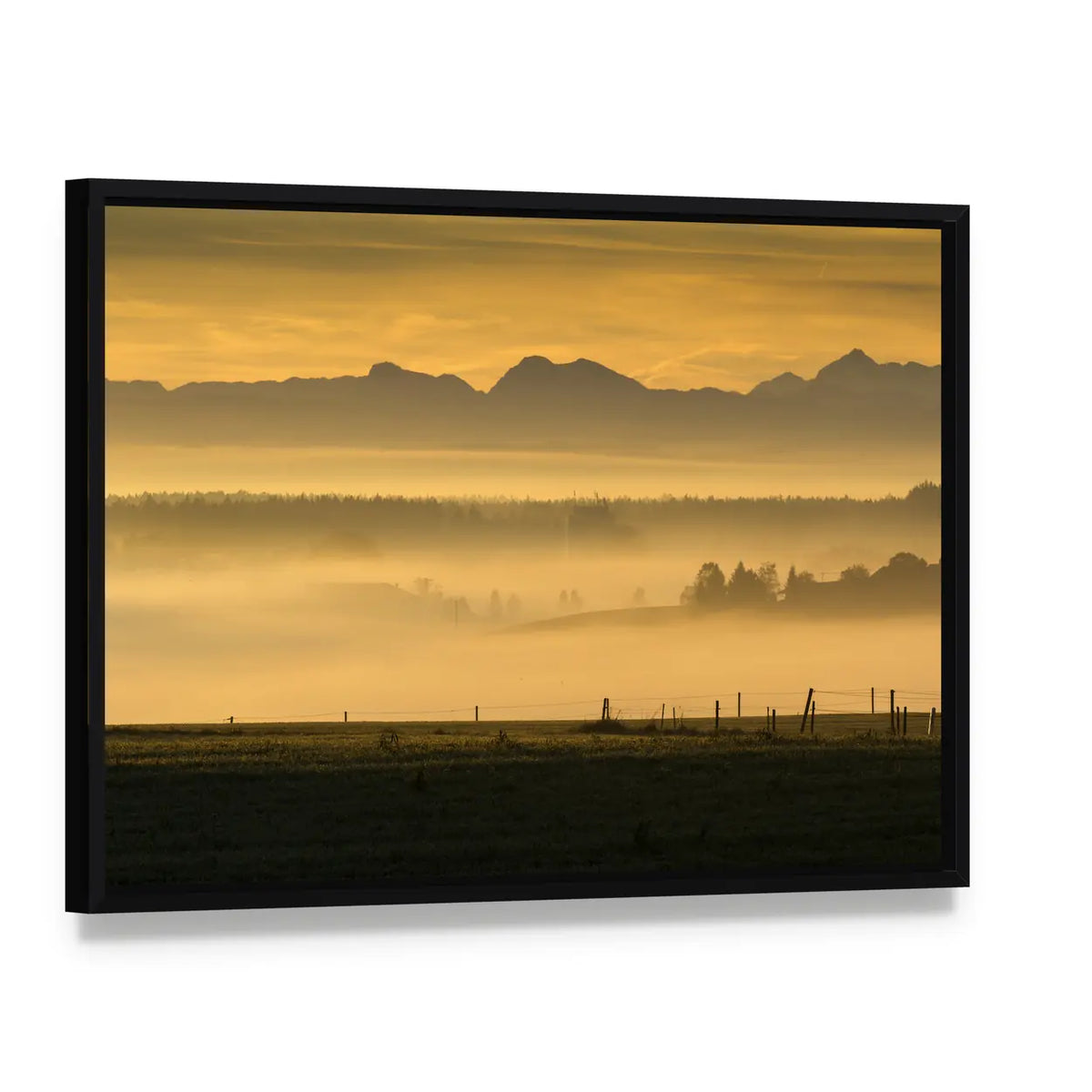 Sunrise Over The Alps In Bavaria Germany Canvas Wall Art, framed canvas in a black floater frame, angled product view
