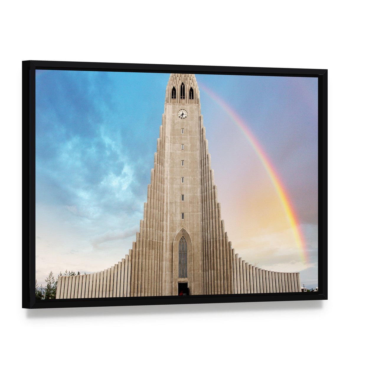 Hallgrímskirkja Cathedral with Rainbow Canvas Wall Art, framed canvas in a black floater frame, angled product view