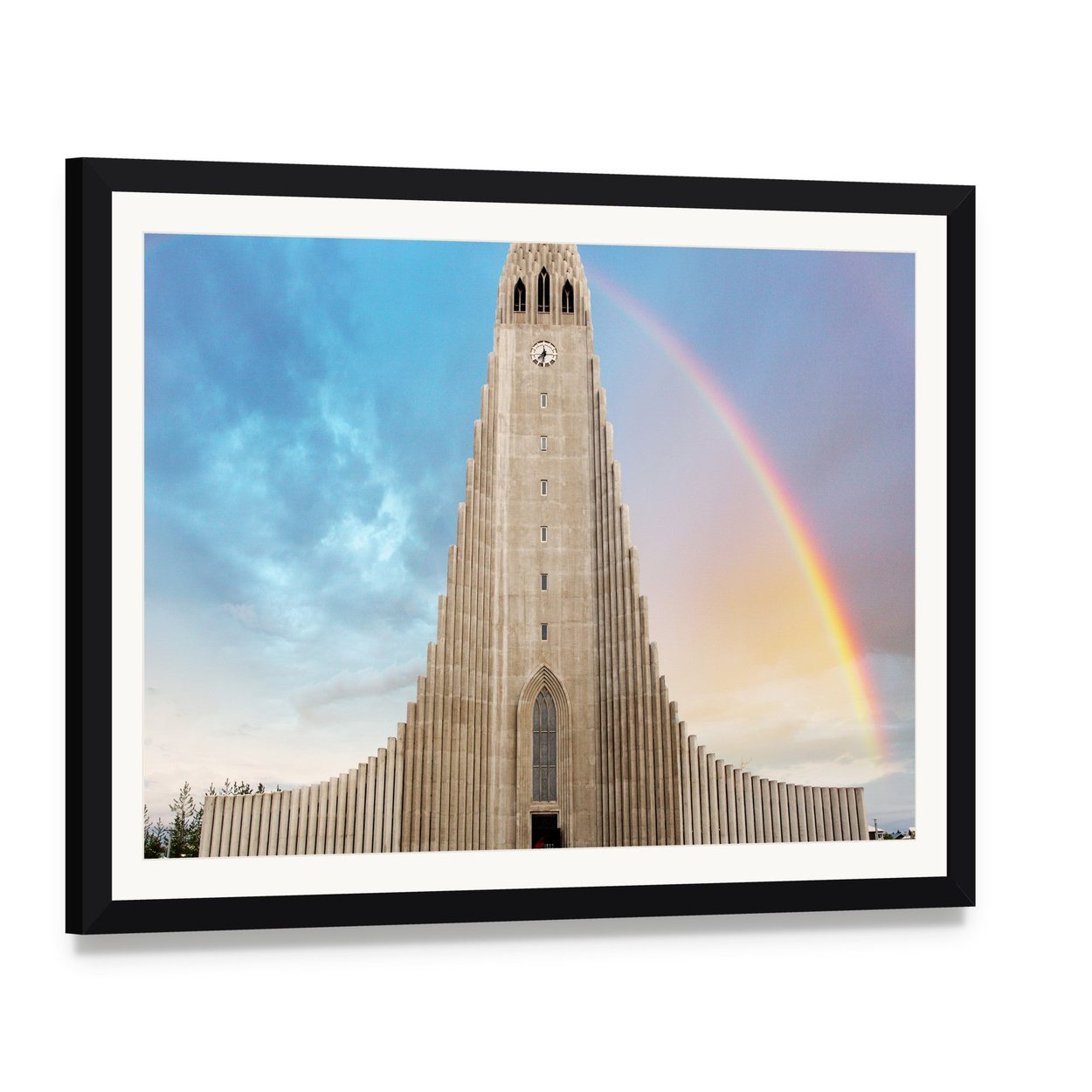Hallgrímskirkja Cathedral with Rainbow Canvas Wall Art, framed print with white mat and black frame, angled product view