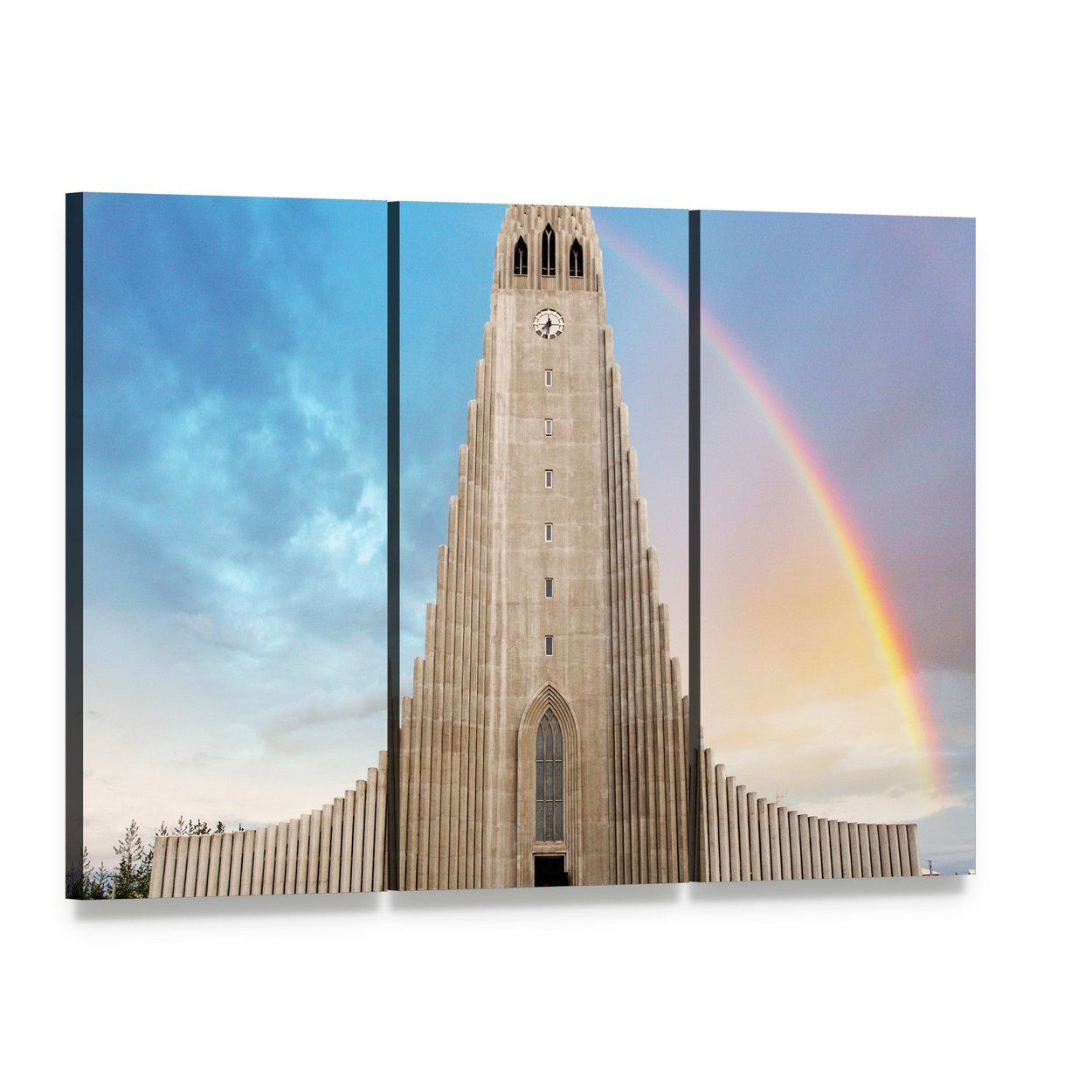 Hallgrímskirkja Cathedral with Rainbow Canvas Wall Art, 3 panel 3 Horizontal layout gallery wrapped canvas set, angled product view