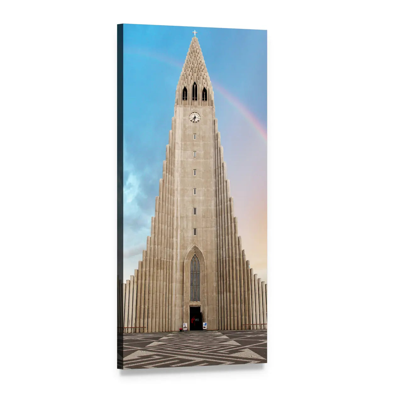 Hallgrimskirkja Cathedral with Rainbow Vertical Canvas Wall Art, 1 panel 1 Vertical layout gallery wrapped canvas set, angled product view