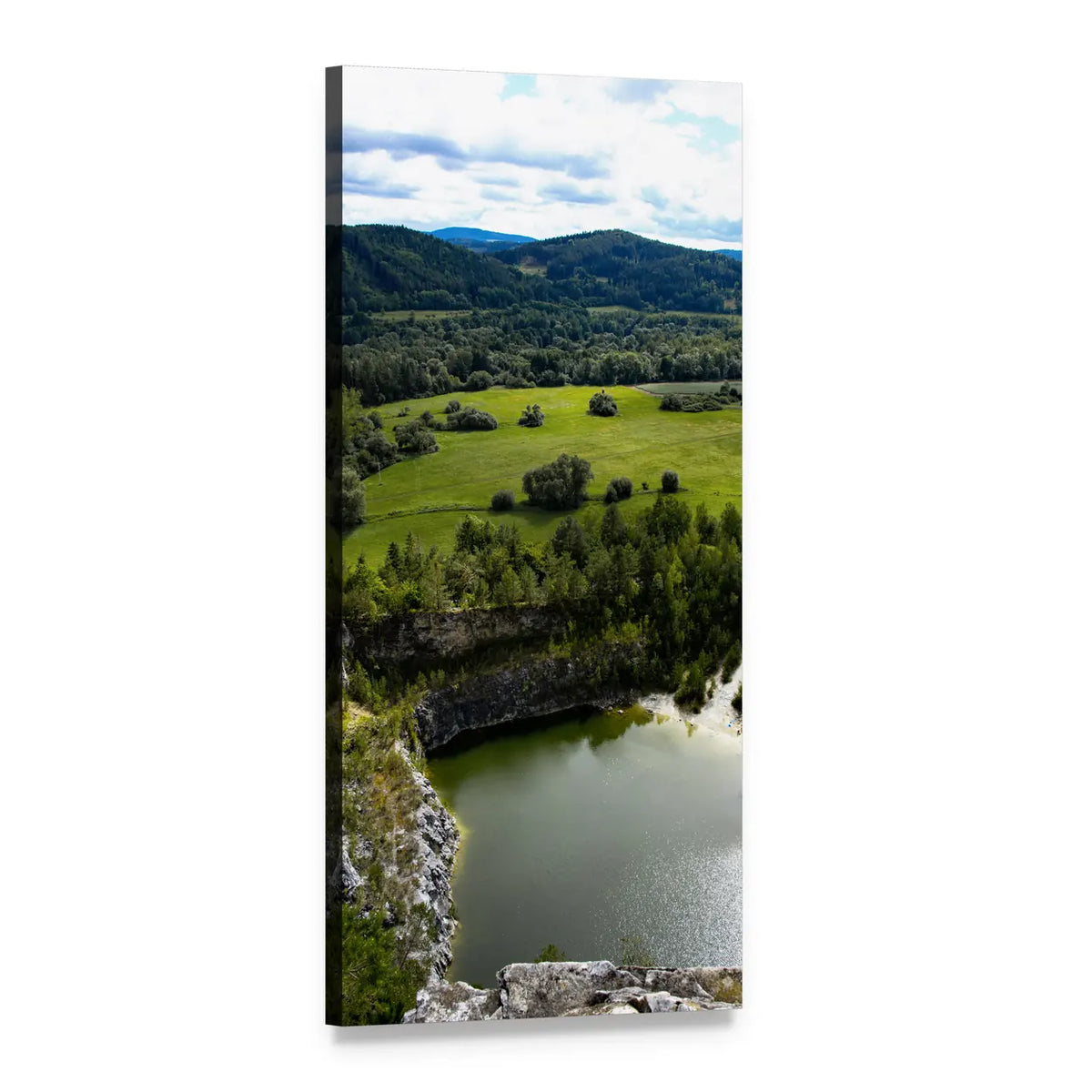 Clifftop View of Quarry Lake Vertical Canvas Wall Art, 1 panel 1 Vertical layout gallery wrapped canvas set, angled product view