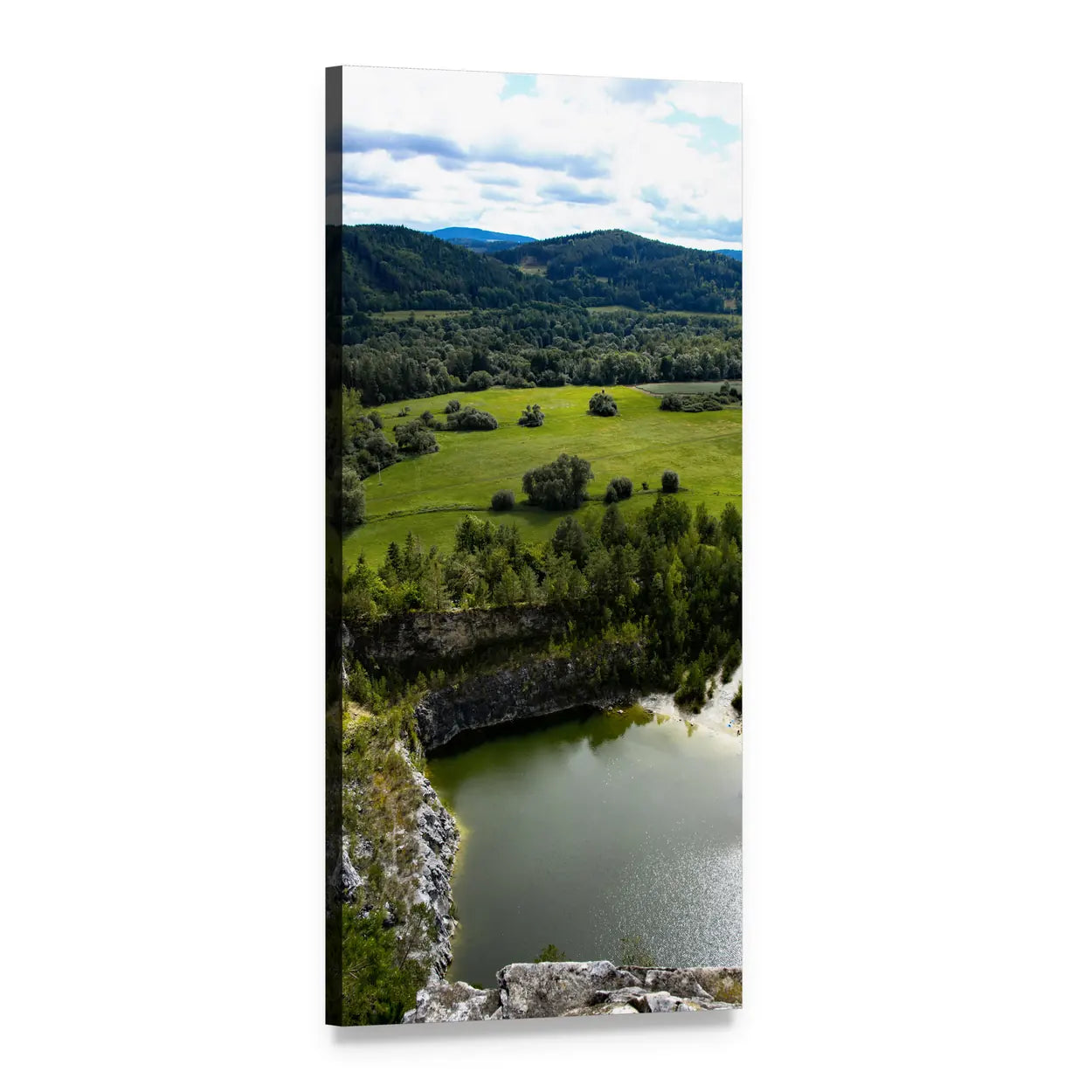 Clifftop View of Quarry Lake Vertical Canvas Wall Art, 1 panel 1 Vertical layout gallery wrapped canvas set, angled product view