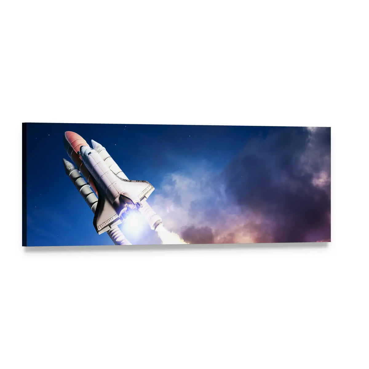Space Shuttle Launch at Night Panoramic Canvas Wall Art, single panel gallery wrapped canvas, angled product view