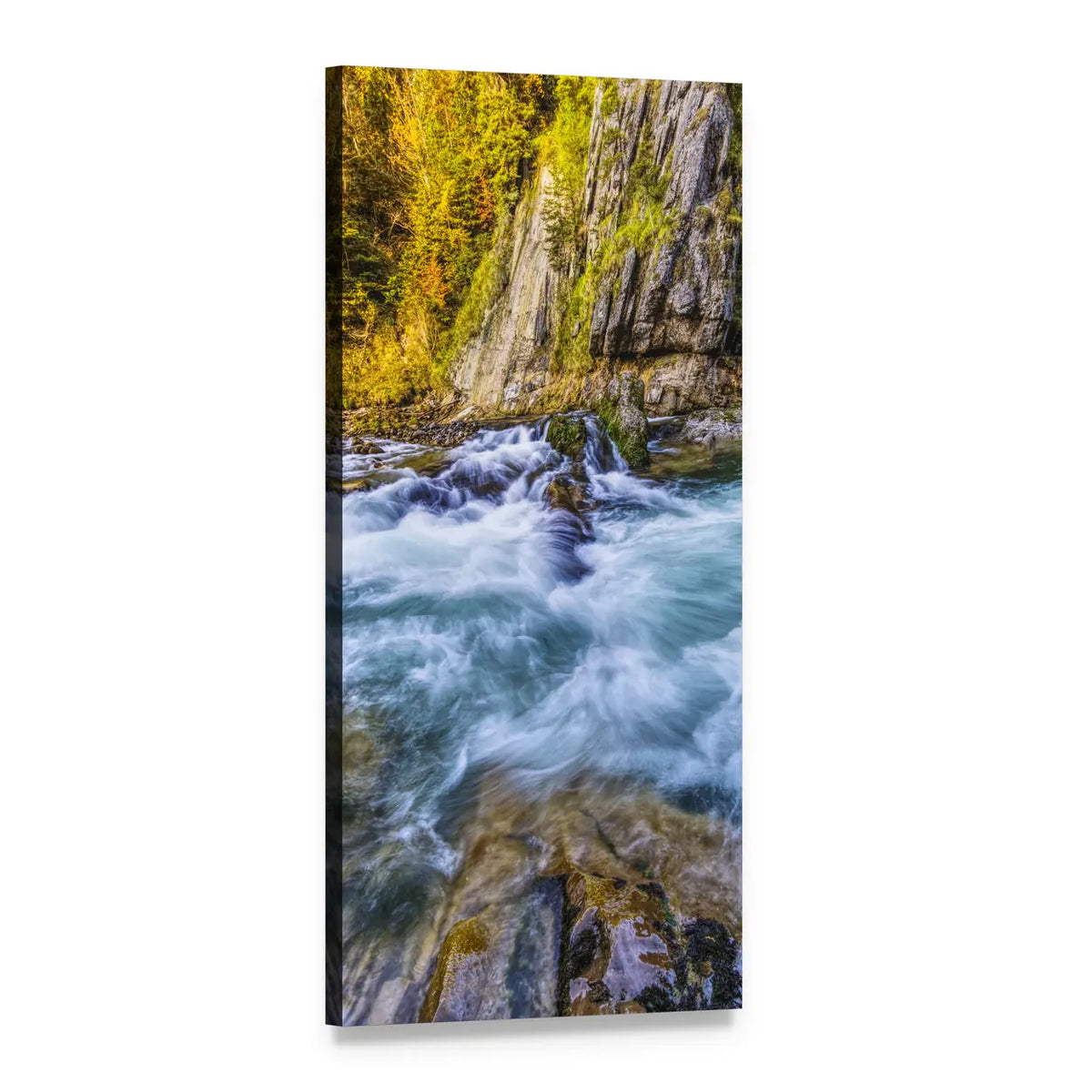 Fast Alpine Stream with Mountains Vertical Canvas Wall Art, 1 panel 1 Vertical layout gallery wrapped canvas set, angled product view