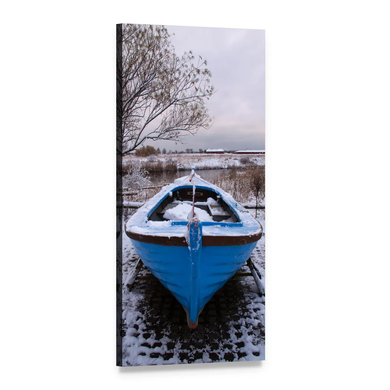 Snow-covered Blue Rowboat Vertical Canvas Wall Art, 1 panel 1 Vertical layout gallery wrapped canvas set, angled product view