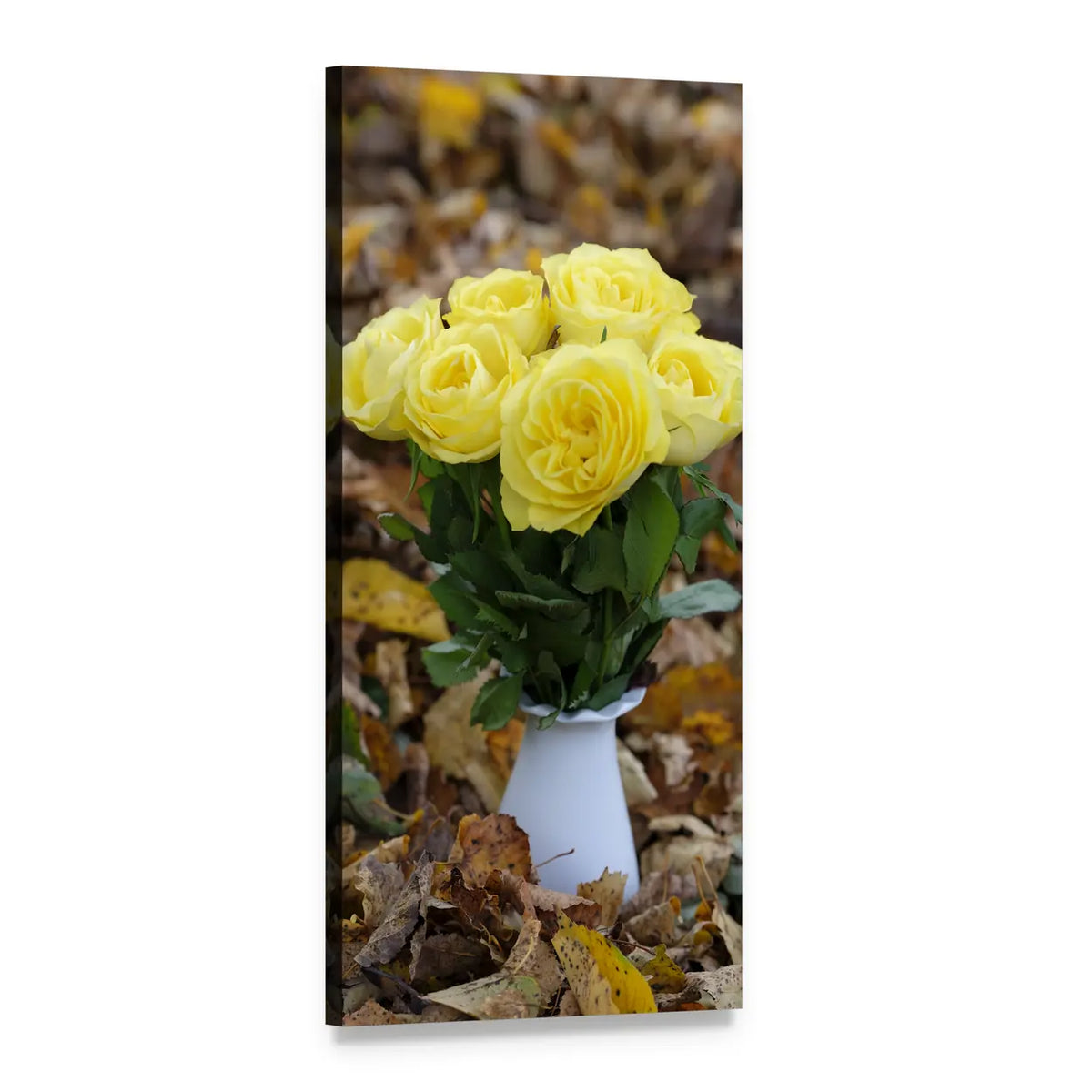 Yellow Rose Bouquet on Autumn Leaves Vertical Canvas Wall Art, 1 panel 1 Vertical layout gallery wrapped canvas set, angled product view