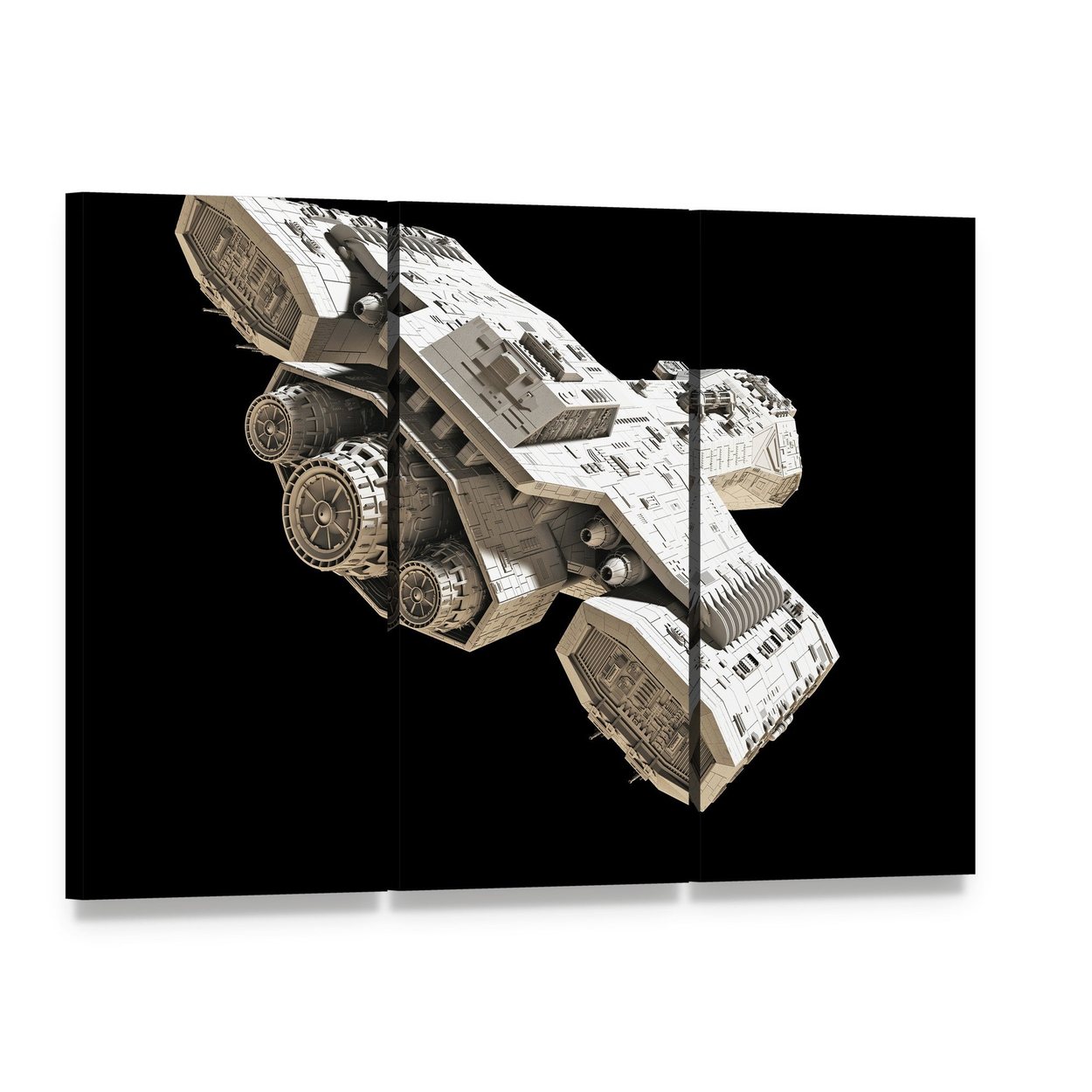 Futuristic Spacecraft with Multiple Engines Canvas Wall Art, 3 panel 3 Horizontal layout gallery wrapped canvas set, angled product view
