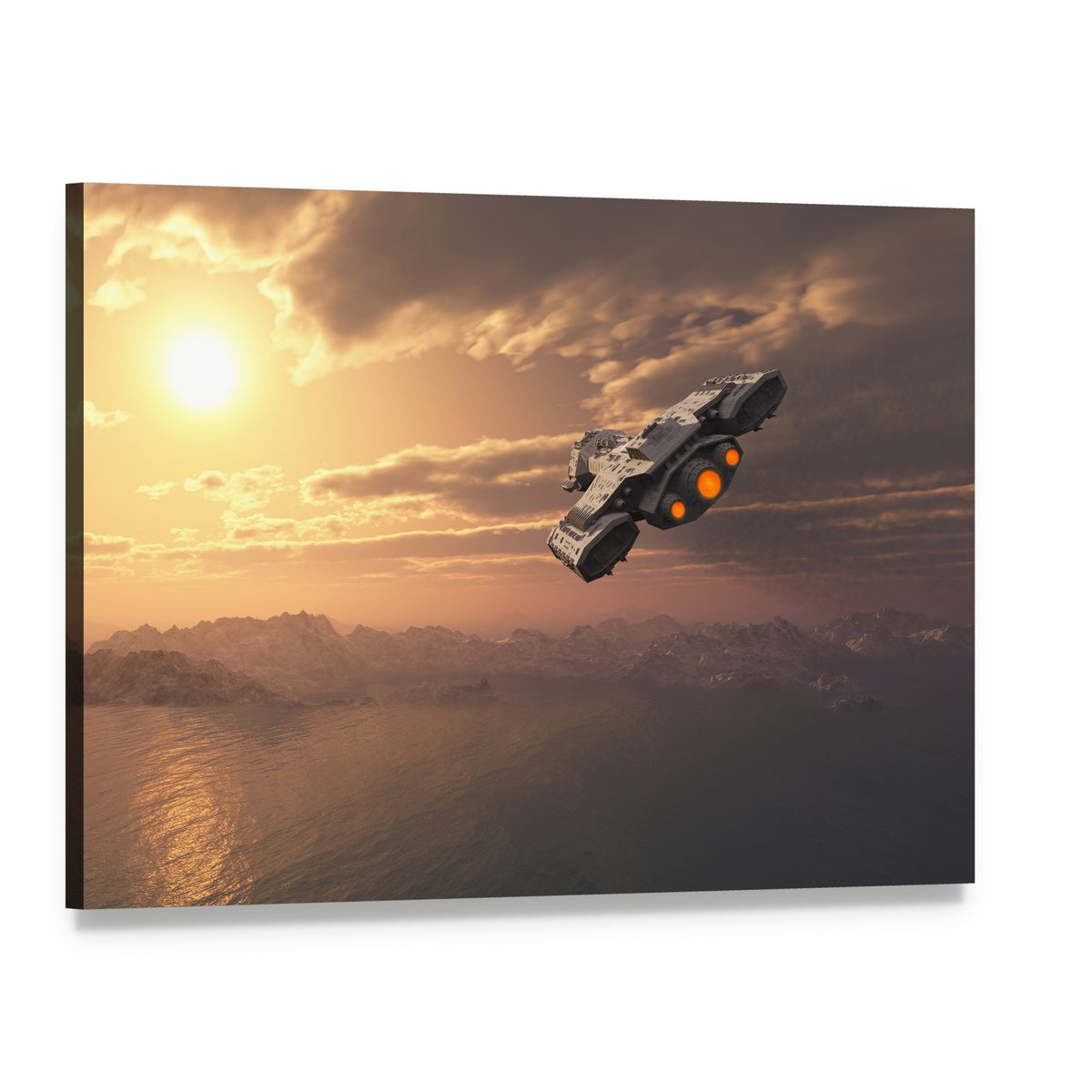 Sunset Spaceship with Glowing Thrusters Canvas Wall Art, single panel gallery wrapped canvas, angled product view